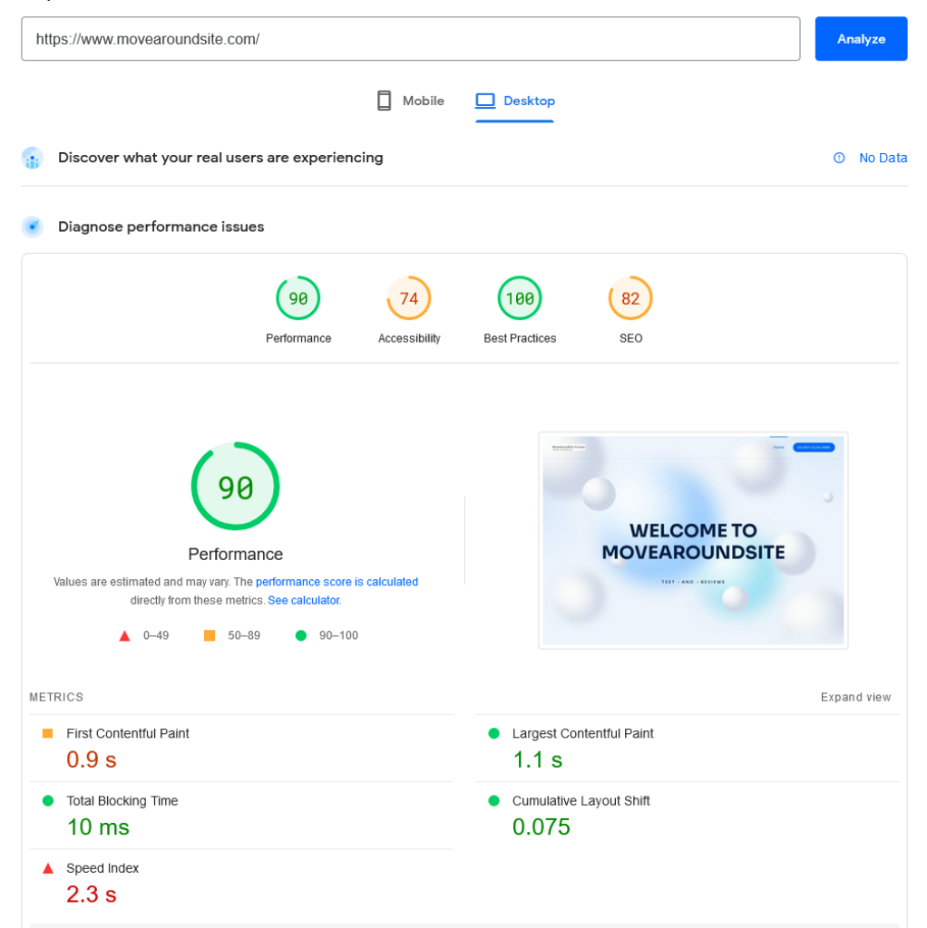Historical PageSpeed run after OpenLiteSpeed activation showing a performance score of 90