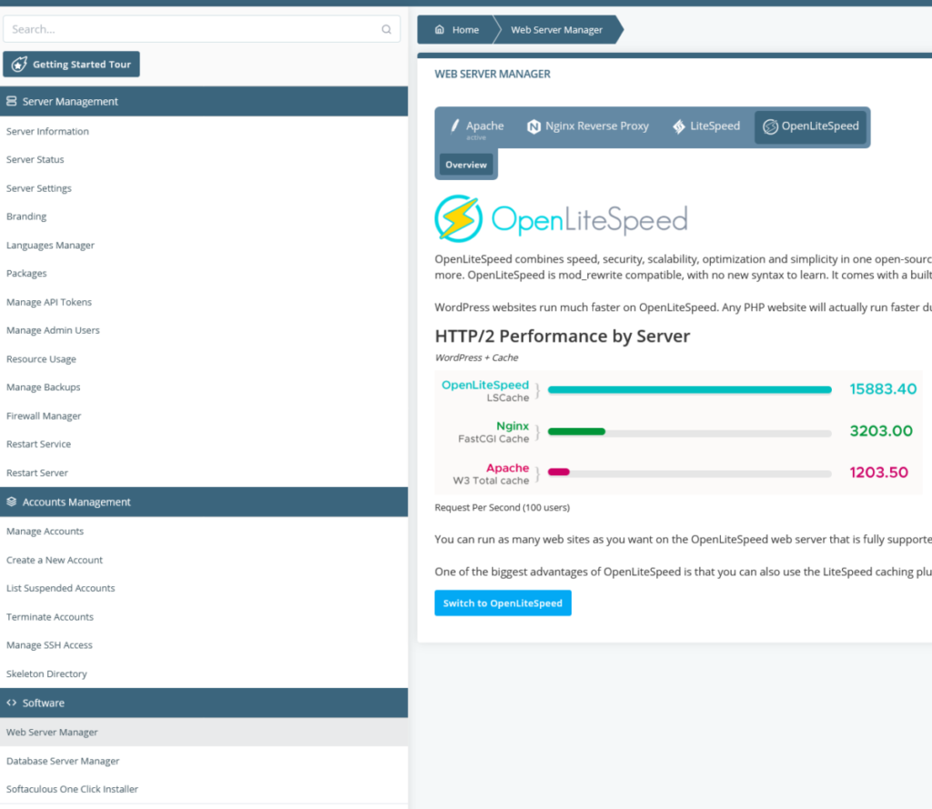 Historical SPanel web server manager showing OpenLiteSpeed selection