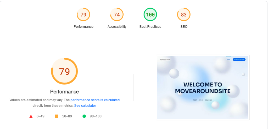 Historical second 10Web desktop Lighthouse test showing performance 79