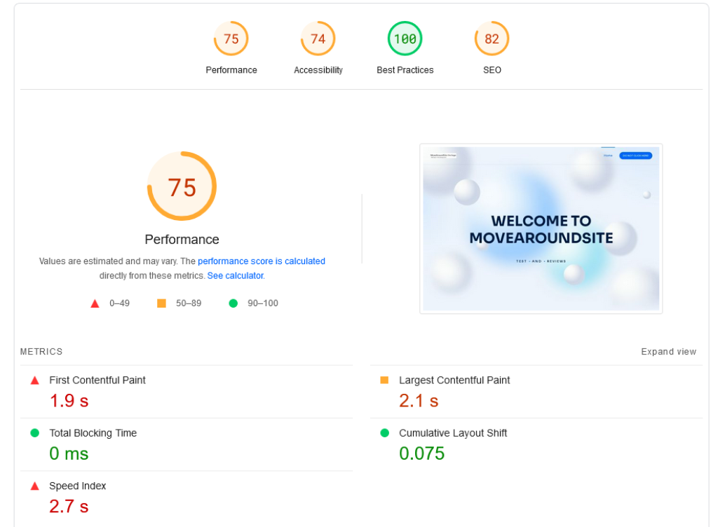 Historical PageSpeed Insights result showing a performance score of 75 for the MoveAroundSite test site