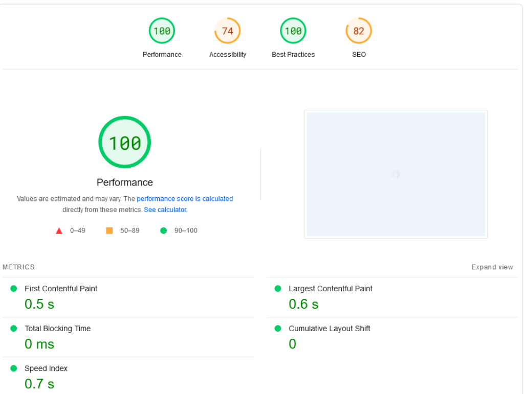 Historical PageSpeed Insights result showing a performance score of 100 after cache configuration