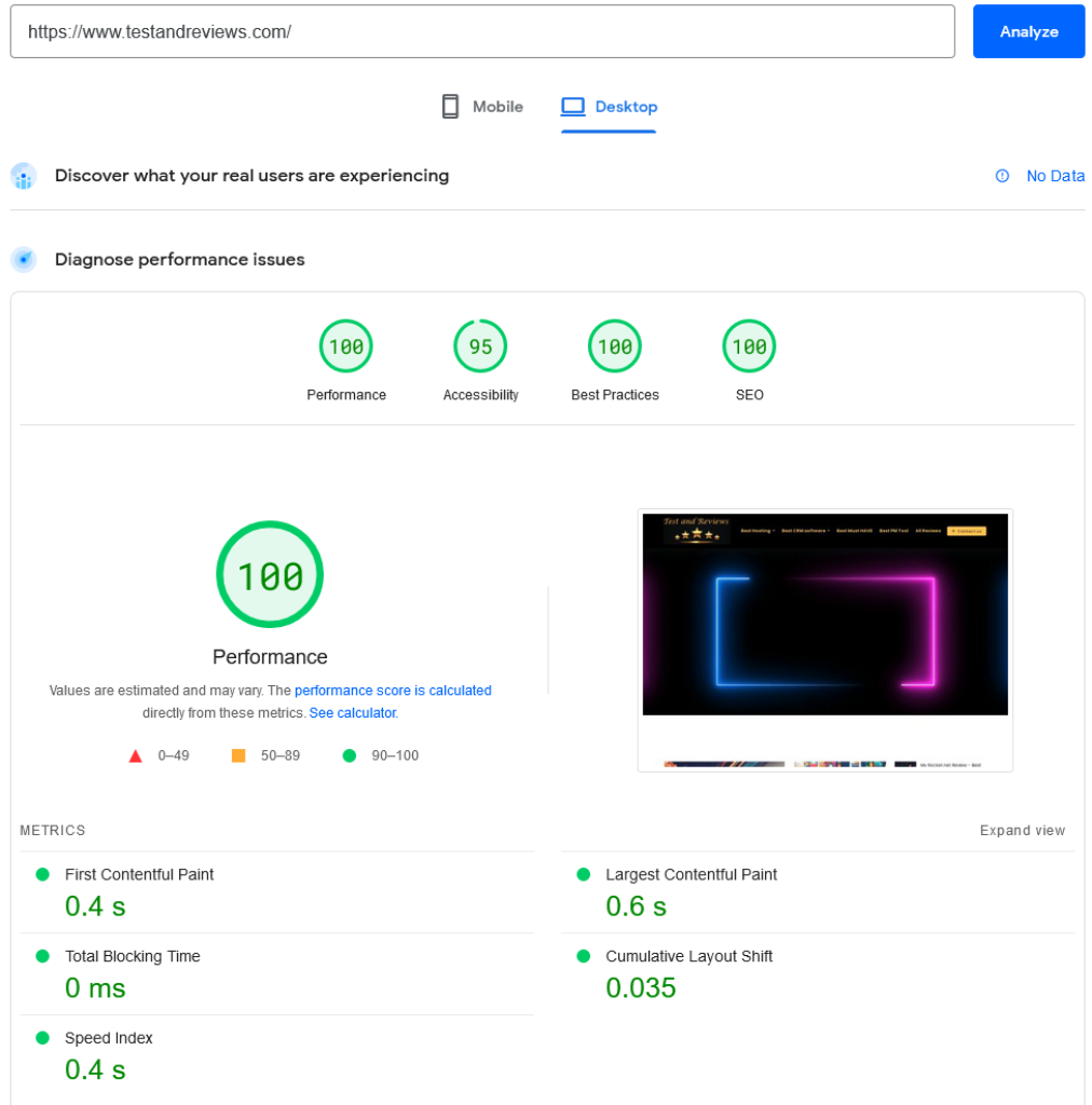 Historical desktop PageSpeed result after WP Rocket optimization showing performance 100
